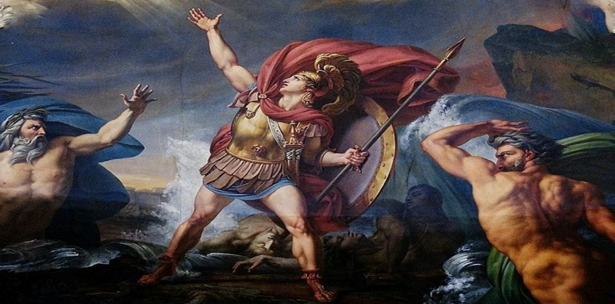 Αχιλλέας: Ετυμολογία του Ονόματος - Ζωγραφική αναπαράσταση του Αχιλλέα σε πεδίο μάχης ή ανάμεσα σε στοιχεία της φύσης. Ο ήρωας φοράει αρχαία ελληνική πανοπλία, κρατά ασπίδα και δόρυ, με το ένα χέρι σηκωμένο προς τον ουρανό. Δύο μυθικές μορφές εμφανίζονται στα πλάγια, με κύματα γύρω τους. Το ύφος του πίνακα είναι επικό και δραματικό, με έντονα χρώματα και κίνηση.