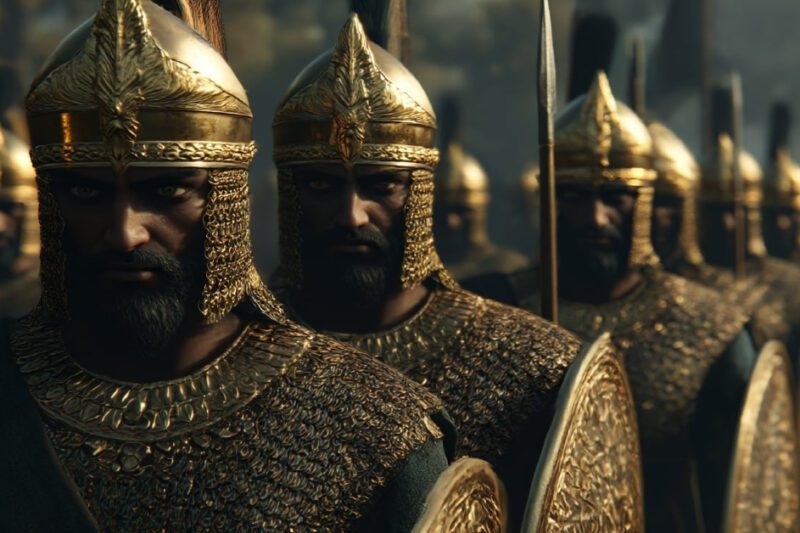 Οι Δέκα Χιλιάδες Αθάνατοι: Ο Θρύλος και η Πραγματικότητα της Στρατιάς του Ξέρξη - Μια γραμμή από αρχαίους Πέρσες πολεμιστές, τους «Αθάνατους», με χρυσά κράνη, αλυσιδωτούς θώρακες, και δόρατα, παρατεταγμένοι για μάχη. Η λεπτομέρεια στην πανοπλία και τα σοβαρά πρόσωπα υποδηλώνουν την πειθαρχία και την πολεμική τους ικανότητα.