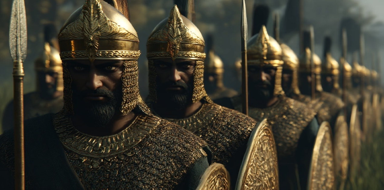 Οι Δέκα Χιλιάδες Αθάνατοι: Ο Θρύλος και η Πραγματικότητα της Στρατιάς του Ξέρξη - Μια γραμμή από αρχαίους Πέρσες πολεμιστές, τους «Αθάνατους», με χρυσά κράνη, αλυσιδωτούς θώρακες, και δόρατα, παρατεταγμένοι για μάχη. Η λεπτομέρεια στην πανοπλία και τα σοβαρά πρόσωπα υποδηλώνουν την πειθαρχία και την πολεμική τους ικανότητα.