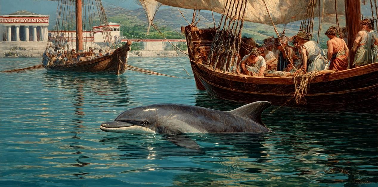 Δελφίνι στην αρχαία Ελλάδα, δίπλα σε ελληνικό πλοίο και ναό, σύμβολο προστασίας και μύθων.