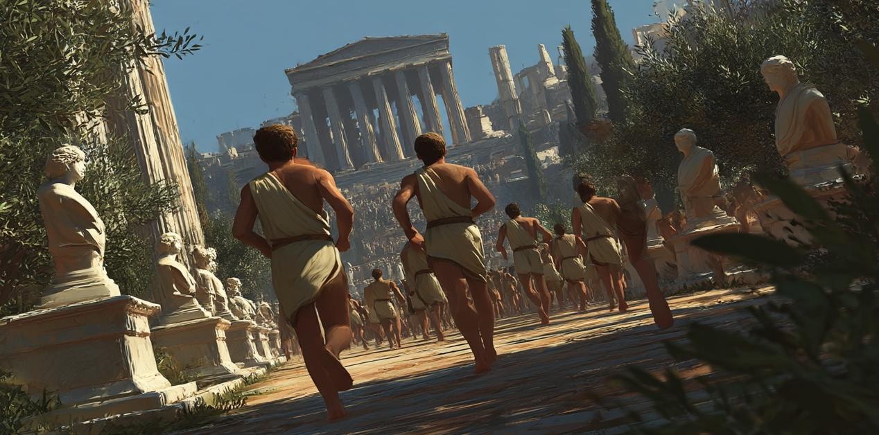 Δρομείς του δόλιχου τρέχουν σε αρχαίο ελληνικό στάδιο με φόντο ναό και αγάλματα, Ολυμπιακοί Αγώνες