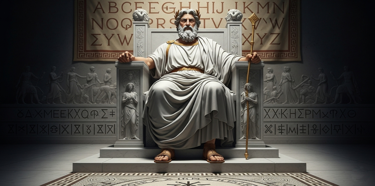 Η Δύναμη του Διός στην Ελληνική Γλώσσα: Ετυμολογία, Ενέργεια και Νόηση - Εικονογράφηση του Δία, του αρχαίου Έλληνα θεού, να κάθεται σε θρόνο, με σκήπτρο και χιτώνα, περιτριγυρισμένος από αρχαία Ελληνικά σύμβολα.