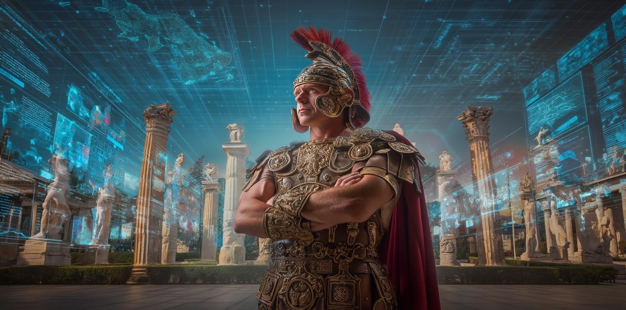 Μέγας Αλέξανδρος μπροστά σε αρχαίες κολώνες με ψηφιακά γραφικά, εικονικό μουσείο, ελληνικός πολιτισμός και τεχνολογία