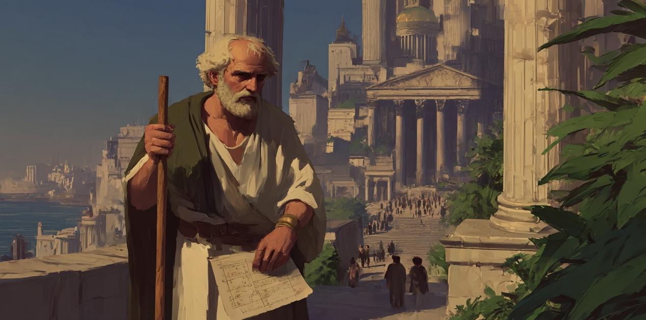 Ερατοσθένης στην αρχαία Αλεξάνδρεια, κρατώντας ραβδί και πάπυρο, μπροστά από την βιβλιοθήκη, κατά τη μέτρηση της περιφέρειας της Γης