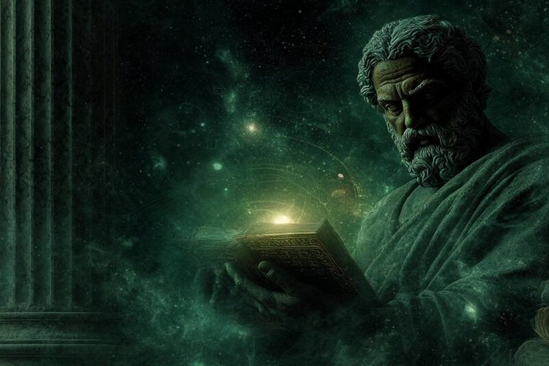 Ερμής ο Τρισμέγιστος με τη Σμαράγδινη Πλάκα σε αρχαίο ναό, μυστικιστική ατμόσφαιρα, κοσμικό φως, σύμβολα σοφίας