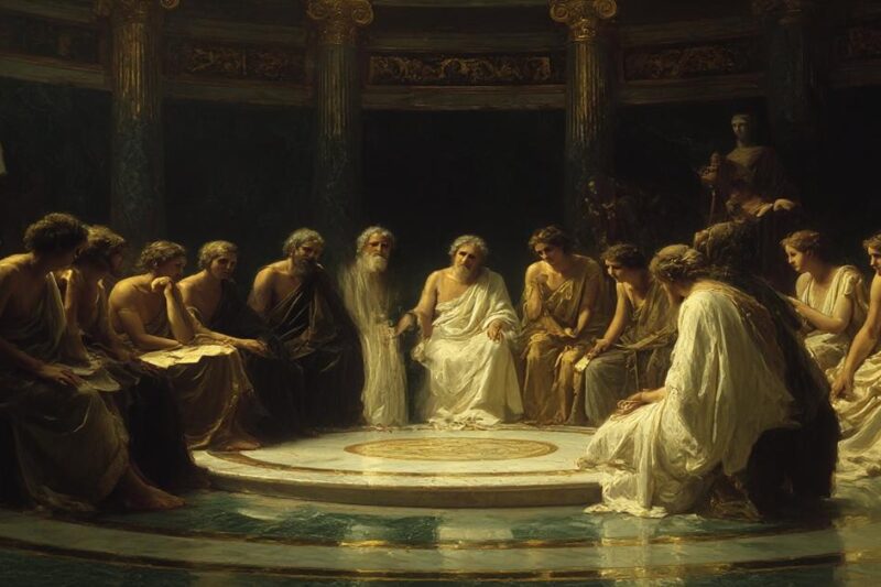 Φιλόσοφοι της αρχαίας Ελλάδας συζητούν για τον έρωτα και τη σοφία, σε μαρμάρινη αίθουσα με αγάλματα.
