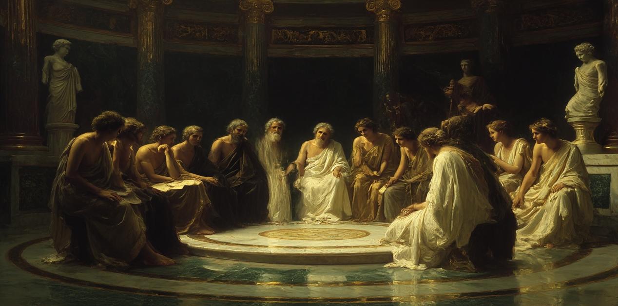 Φιλόσοφοι της αρχαίας Ελλάδας συζητούν για τον έρωτα και τη σοφία, σε μαρμάρινη αίθουσα με αγάλματα.