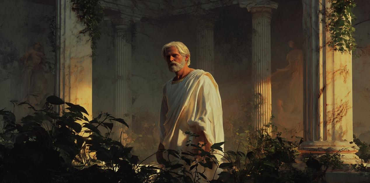 Άνδρας φιλόσοφος με αρχαία ελληνική χλαμύδα στέκεται μέσα σε μαρμάρινο ναό με κίονες και φύλλα, σε ατμόσφαιρα πνευματικής αναζήτησης και αρμονίας.