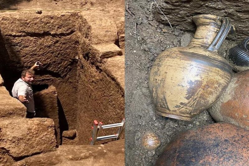 Αριστερά, αρχαιολόγος μέσα σε μεγάλο ταφικό όρυγμα. Δεξιά, ετρουσκικά αγγεία και πιθάρια αποκαλυμμένα σε ανασκαφή.