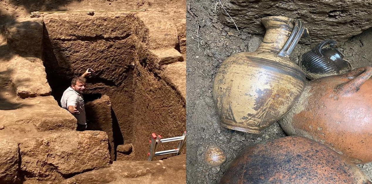 Αριστερά, αρχαιολόγος μέσα σε μεγάλο ταφικό όρυγμα. Δεξιά, ετρουσκικά αγγεία και πιθάρια αποκαλυμμένα σε ανασκαφή.