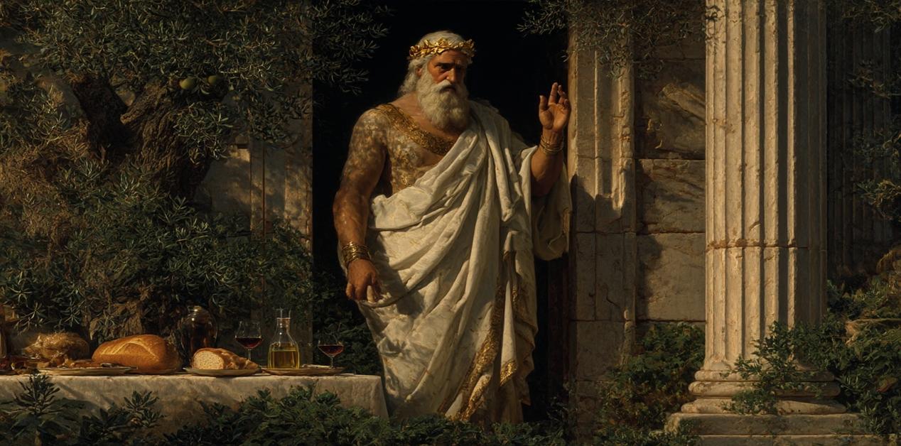 Ο Δίας Ξένιος, σύμβολο της φιλοξενίας στην αρχαία Ελλάδα, στέκεται μπροστά σε μαρμάρινη κολόνα και τραπέζι γεμάτο ψωμί, κρασί και λάδι, προσφέροντας προστασία και καλωσορίζοντας τους ξένους στο σπίτι του.