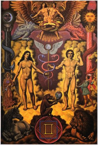 Συμβολική ερμητική εικόνα με δύο γυμνές ανθρώπινες μορφές (άνδρας και γυναίκα), σύμβολα του Κηρύκειου, αλχημικές φιγούρες, ζώα και μυθολογικές μορφές σε ένα φαντασμαγορικό, μυστικιστικό τοπίο.