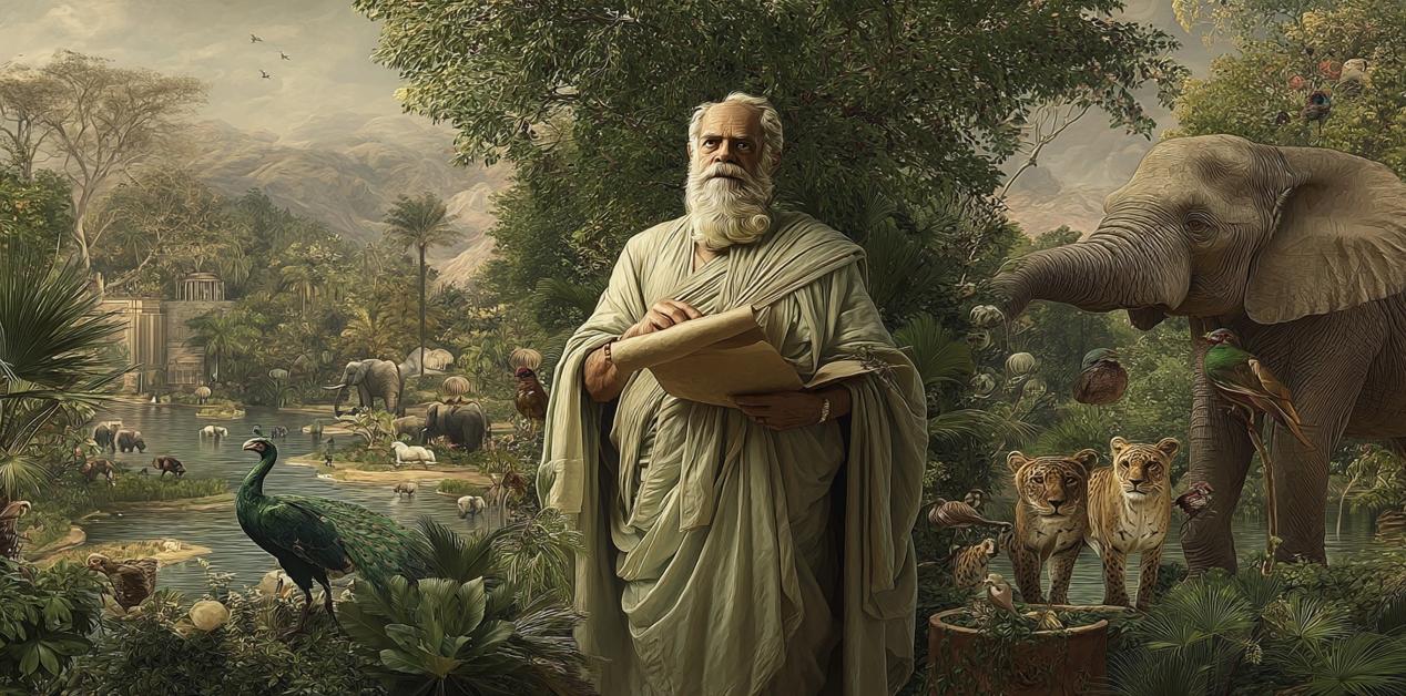 Ηρόδοτος με αρχαία ελληνική ενδυμασία σε εξωτικό τοπίο, ανάμεσα σε ελέφαντα, παγώνι και σπάνια ζώα της Ανατολής