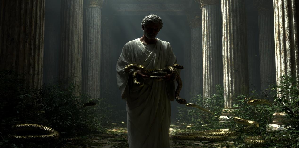 Ιερέας-θεραπευτής στην αρχαία Ελλάδα κρατάει χρυσό φίδι σε ναό με μάρμαρινες στήλες, σύμβολο της ιερής ψυχιατρικής και της θεραπείας στα Ασκληπιεία.