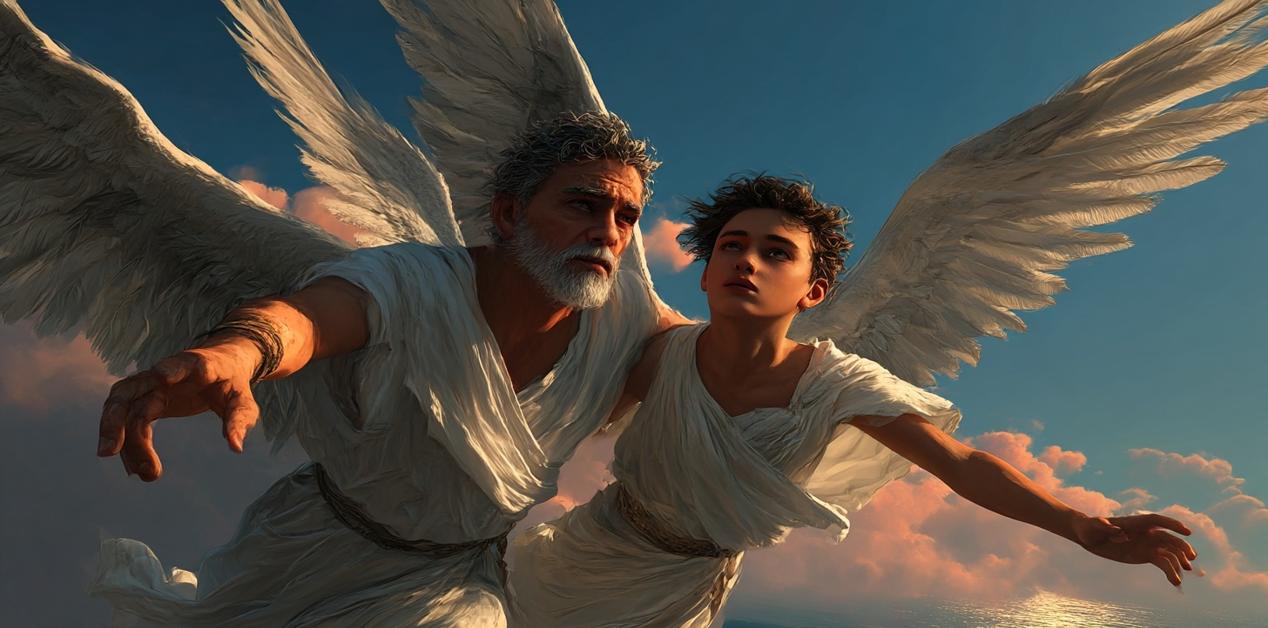 Δαίδαλος και Ίκαρος πετούν ψηλά στον ουρανό με φτερά από πούπουλα και κερί, ο πατέρας προειδοποιεί τον γιο του.