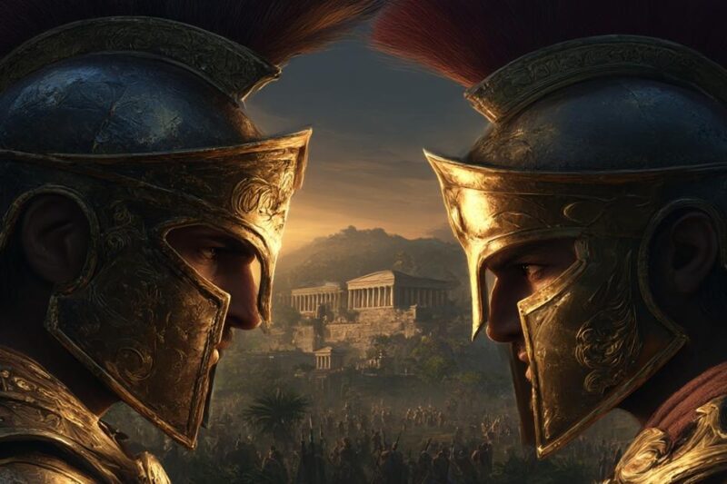 Δύο αρχαίοι πολεμιστές με χρυσές περικεφαλαίες αντικρίζονται έντονα μπροστά από έναν αρχαίο ναό, συμβολίζοντας τη μονομαχία ηρώων από την Ιλιάδα και το Σαχναμέ.