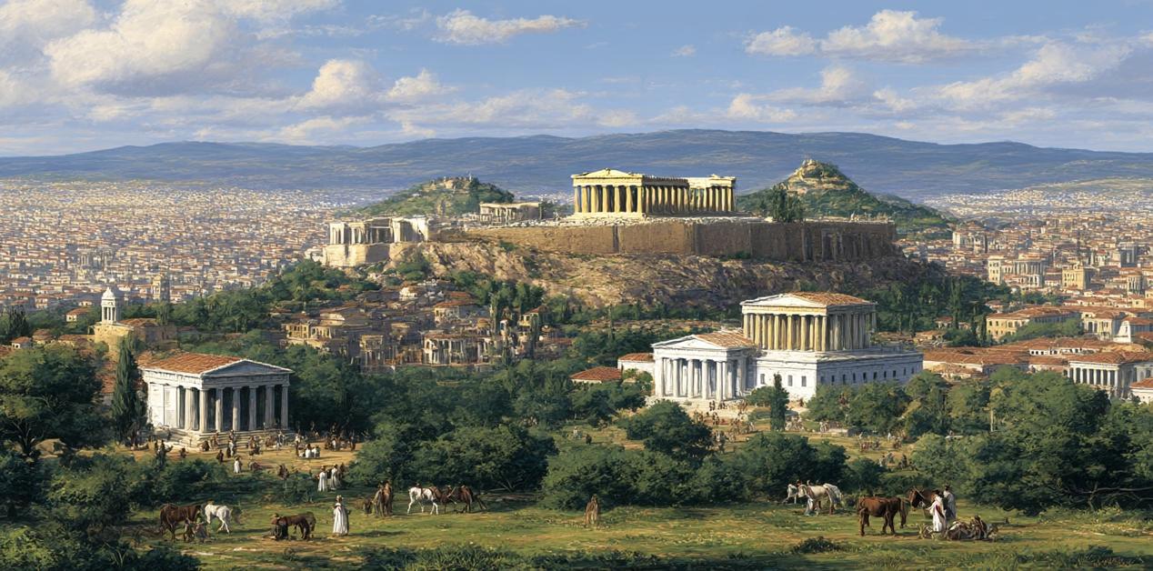 Πανοραμική άποψη της αρχαίας Αθήνας με την Ακρόπολη στο κέντρο, τον Παρθενώνα να δεσπόζει και ναούς, πράσινο και ανθρώπους σε καθημερινές δραστηριότητες στο προσκήνιο.