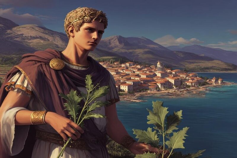 Αναπαράσταση του αυτοκράτορα Καλιγούλα στην αρχαία Αντίκυρα, κρατώντας φυτό ελλέβορο, με φόντο την παραθαλάσσια πόλη.