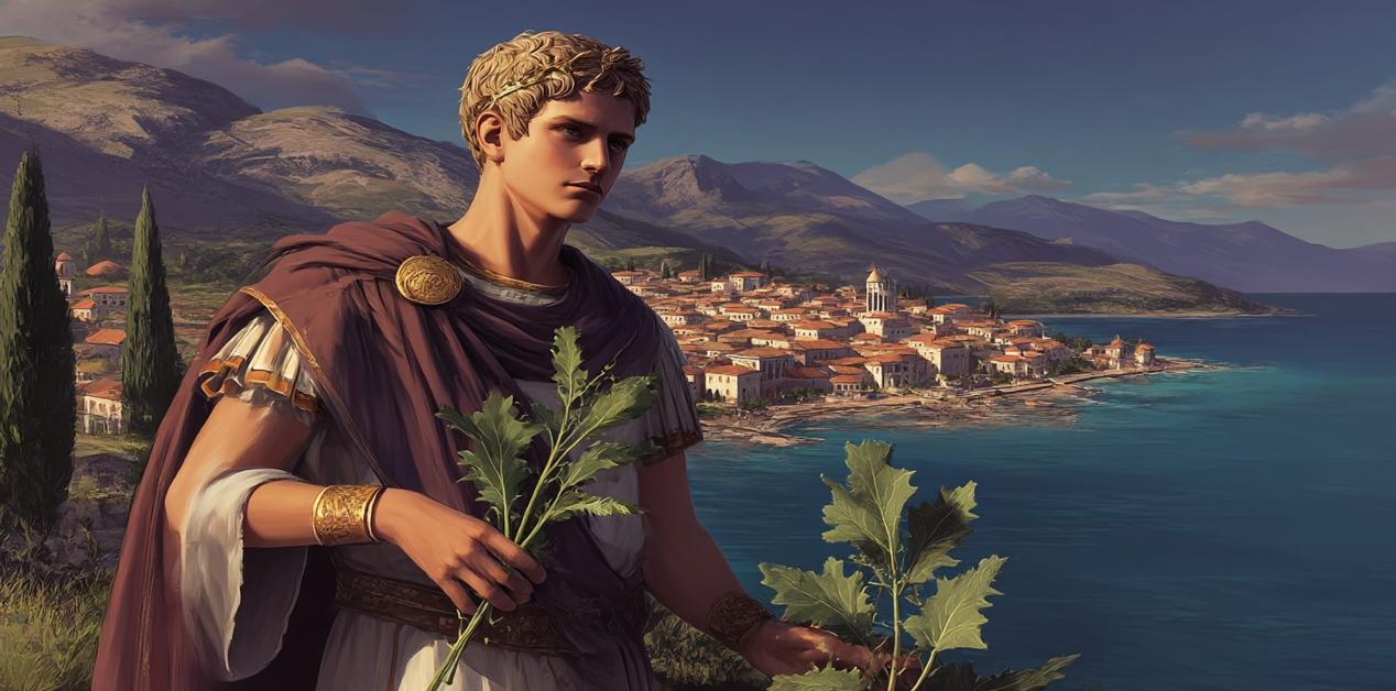 Αναπαράσταση του αυτοκράτορα Καλιγούλα στην αρχαία Αντίκυρα, κρατώντας φυτό ελλέβορο, με φόντο την παραθαλάσσια πόλη.