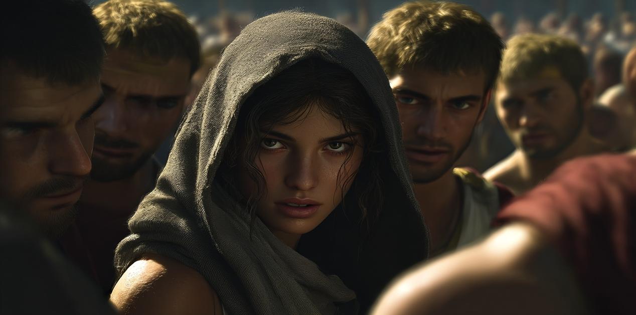 Η Καλλιπάτειρα της Ρόδου με μανδύα, τη στιγμή που αποκαλύπτεται η ταυτότητά της και όλοι οι άνδρες την κοιτούν έκπληκτοι στους Ολυμπιακούς Αγώνες.