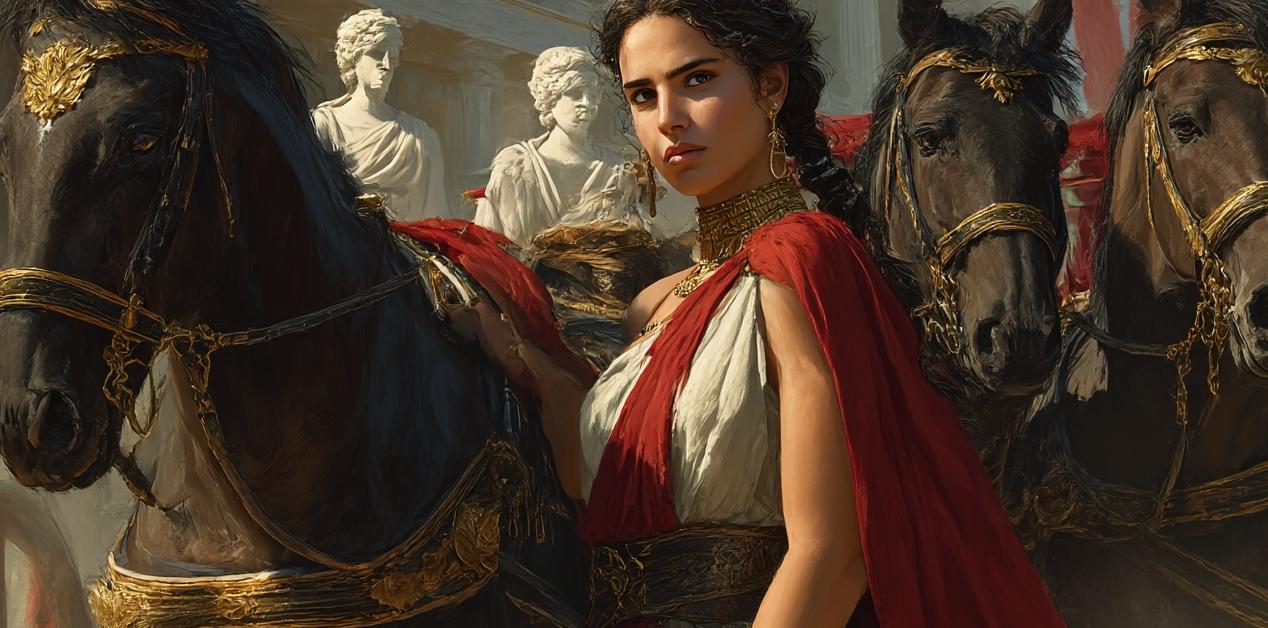 Κυνίσκα της Σπάρτης μπροστά σε άρμα με τέσσερα άλογα, ντυμένη με κόκκινο και λευκό χιτώνα, στον χώρο της αρχαίας Ολυμπίας.