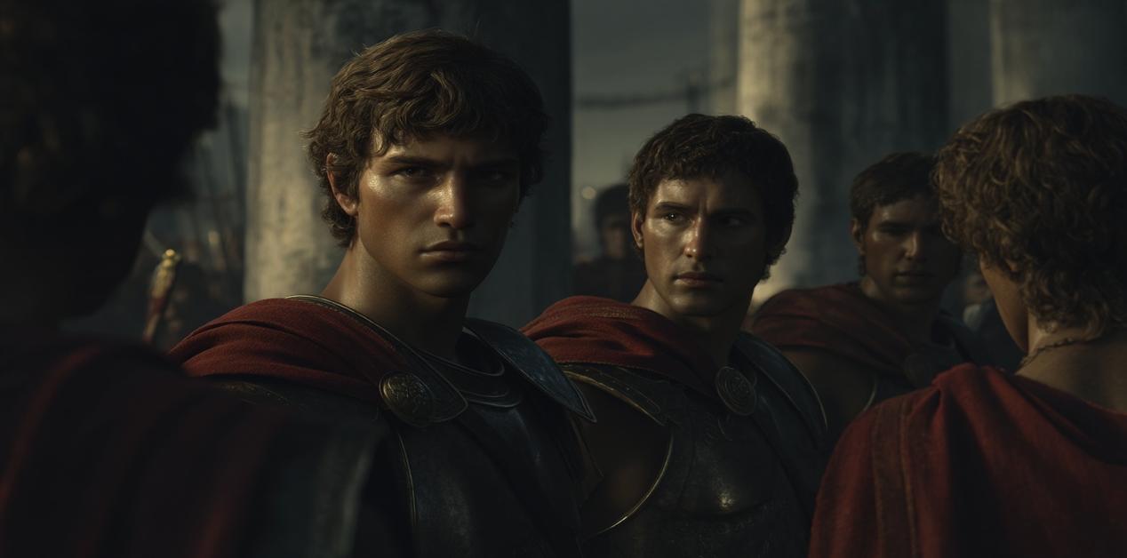 Ομαδική σκηνή με Σπαρτιάτες σε συζήτηση, αποτυπώνοντας τον λακωνικό και αυστηρό τρόπο ομιλίας τους στην αρχαία Ελλάδα.