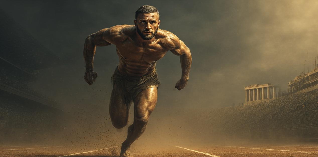 Ο Λεωνίδας της Ρόδου σε αναπαράσταση αγώνα δρόμου σε αρχαίο στάδιο, σύμβολο της αθλητικής δόξας στην αρχαιότητα.