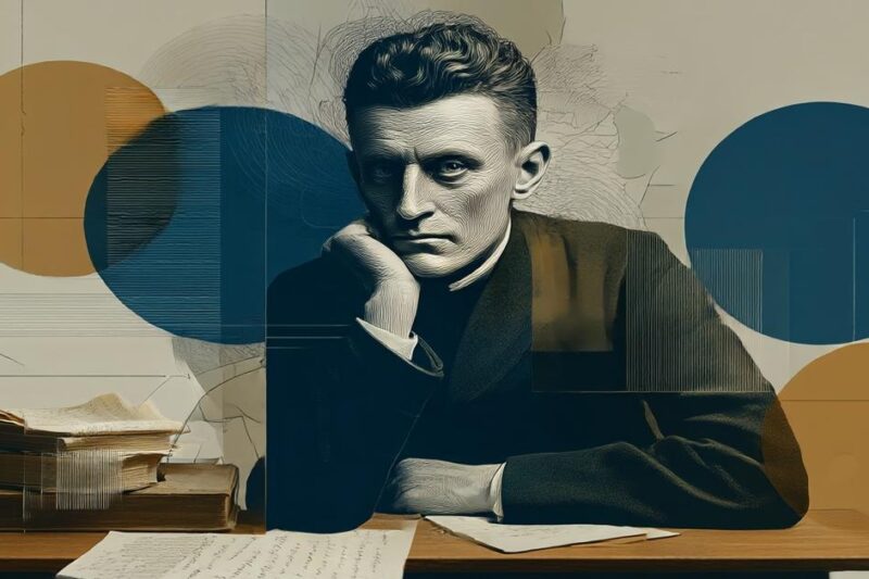 Πορτρέτο του Ludwig Wittgenstein, στοχαστικού φιλοσόφου, με βιβλία και σημειώσεις, αφηρημένο φόντο με γεωμετρικά σχήματα.