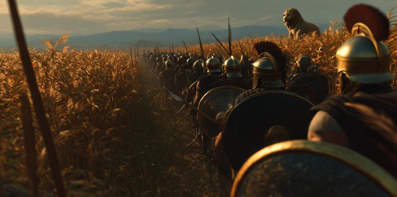 Μακεδονική φάλαγγα προχωράει στο πεδίο της Χαιρώνειας με το άγαλμα του Λέοντα στο φόντο, υπό το φως της δύσης του ήλιου.