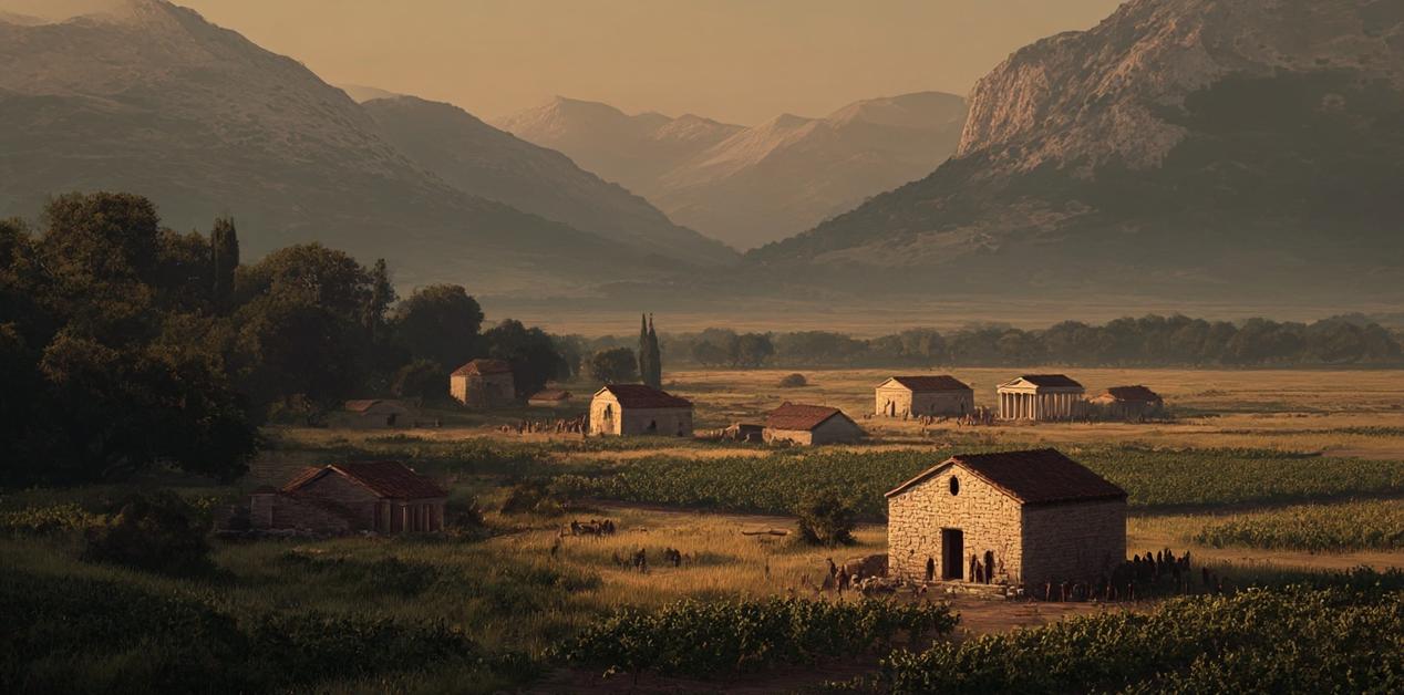 Αρχαία Μεσσηνία κατά τα Σκοτεινά Χρόνια, με πέτρινα σπίτια, ναό και αγροτική τοπογραφία, σε ορεινό φόντο.