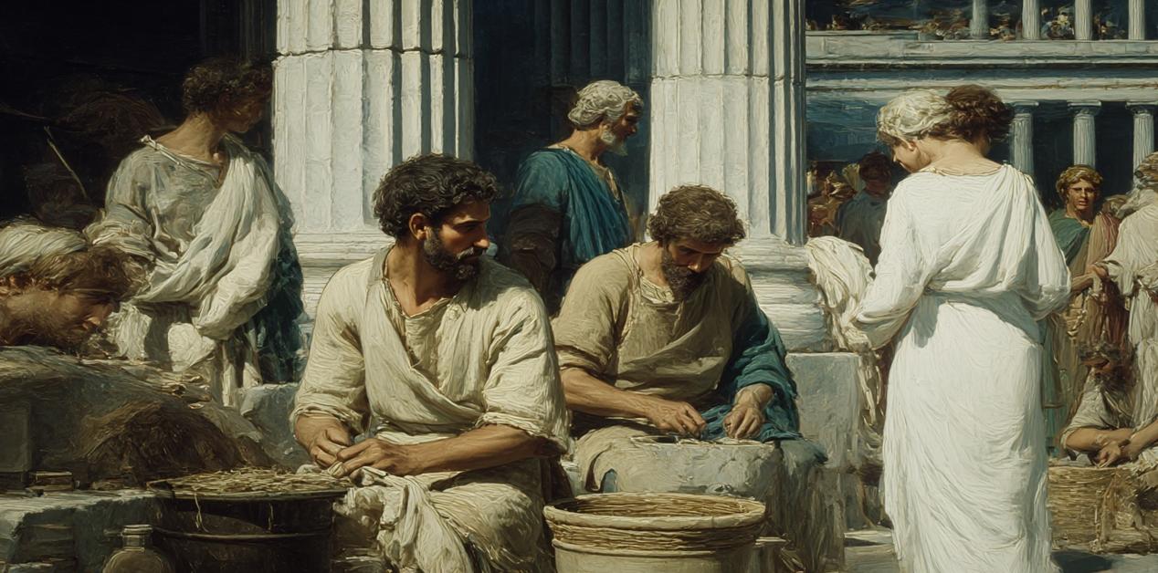 Μετοίκοι στην αρχαία Αθήνα εργάζονται στην αγορά, μπροστά σε μνημειακούς κίονες, με παραδοσιακές ενδυμασίες.