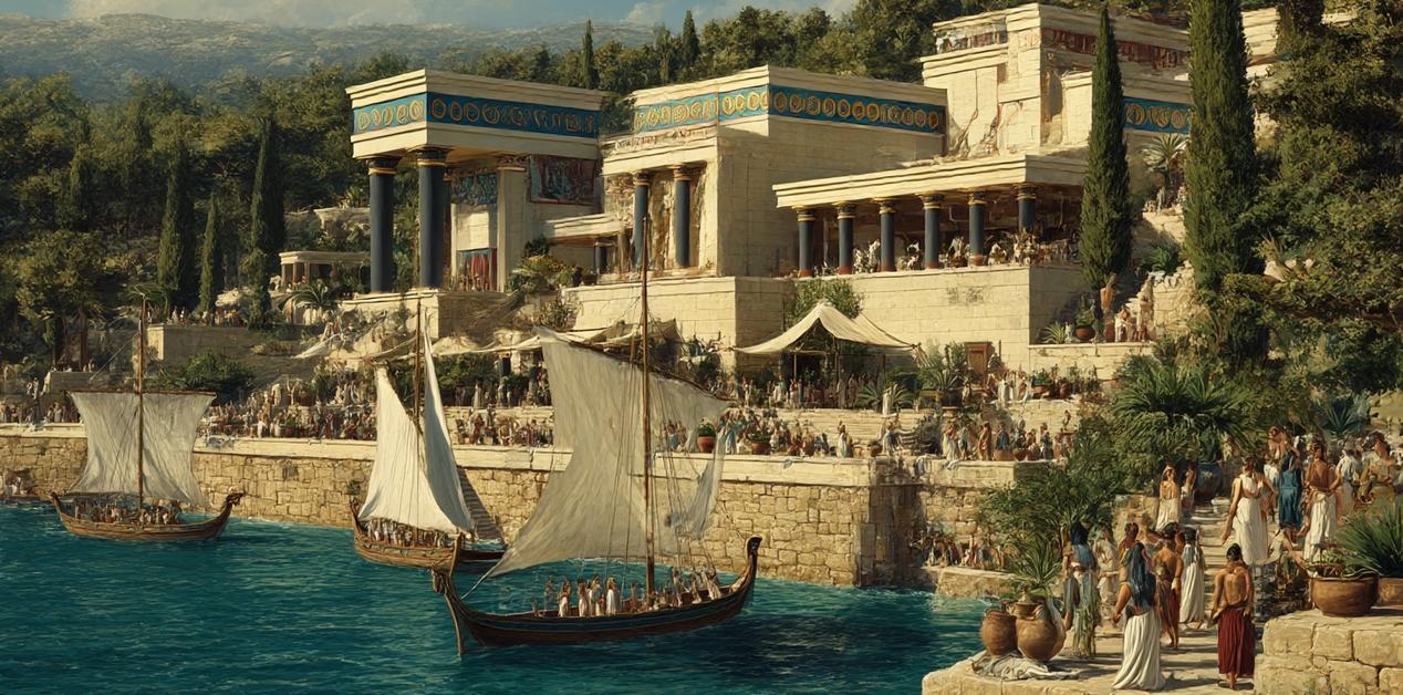 Μινωικό ανάκτορο της Κνωσού, πλοία στο λιμάνι και καθημερινή ζωή στην αρχαία Κρήτη