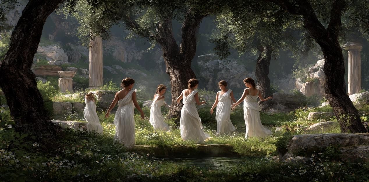 Νύμφες της αρχαίας Ελλάδας χορεύουν γύρω από πηγή, σε καταπράσινο τοπίο με αρχαίες στήλες στο φόντο.