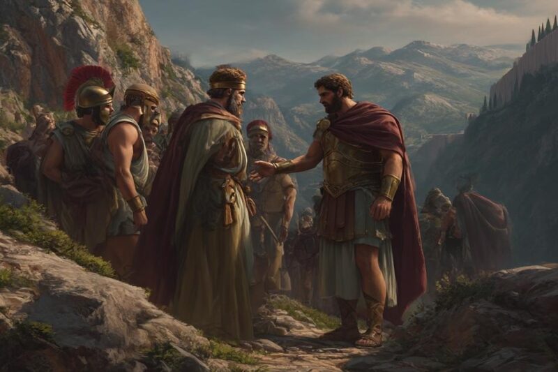 Οιδίποδας συναντά τον Λάιο σε ορεινό πέρασμα, αρχαία Ελλάδα, κρίσιμη στιγμή του μύθου