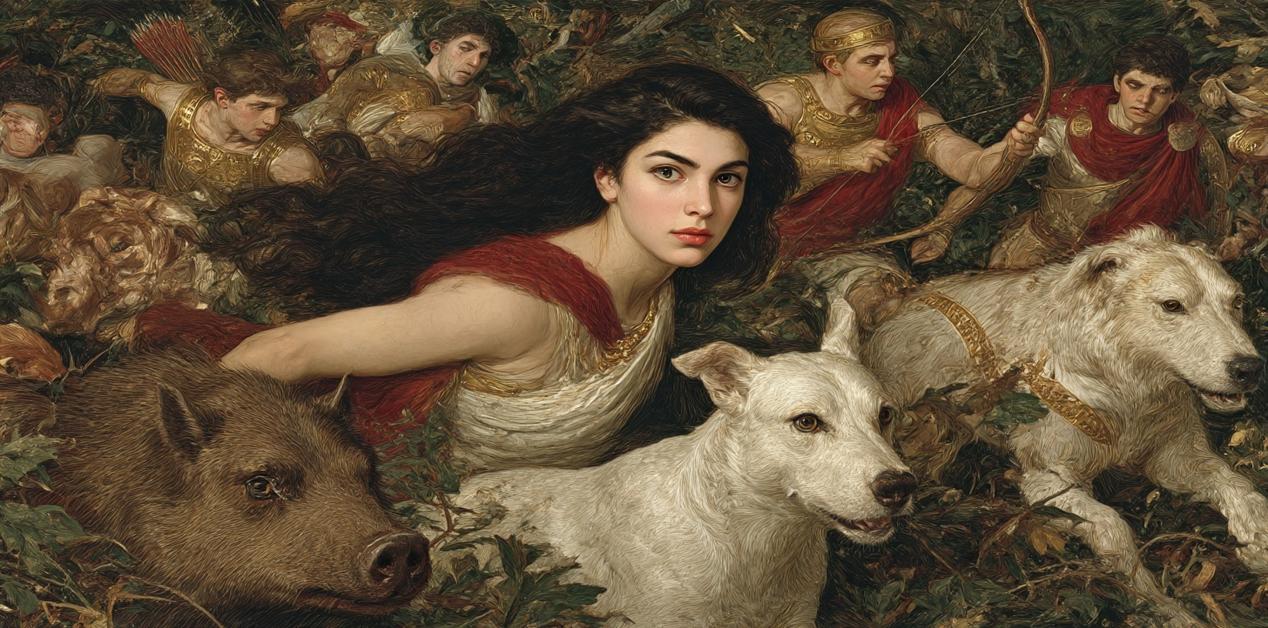 Αταλάντη με κυνηγόσκυλα και Έλληνες ήρωες στην Καλυδώνια θήρα, αρχαία ελληνική μυθολογία, λευκό κυνηγόσκυλο, κάπρος, δάσος