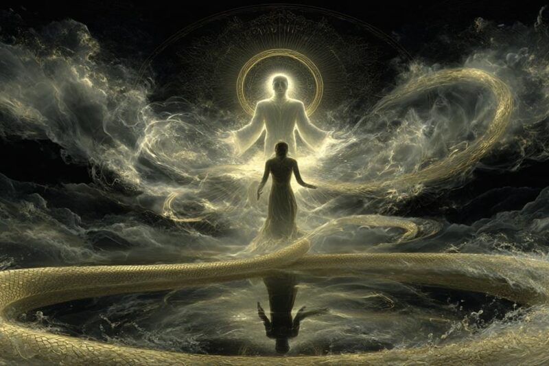 Μυστικιστική απεικόνιση του Ποιμάνδρη με ανθρώπινη μορφή και χρυσό φίδι, μέσα σε κοσμικό φως και σκοτεινά σύννεφα.