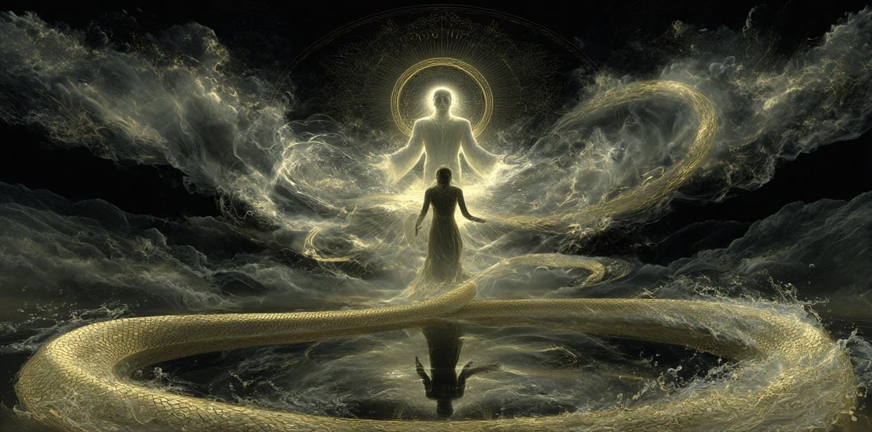 Μυστικιστική απεικόνιση του Ποιμάνδρη με ανθρώπινη μορφή και χρυσό φίδι, μέσα σε κοσμικό φως και σκοτεινά σύννεφα.