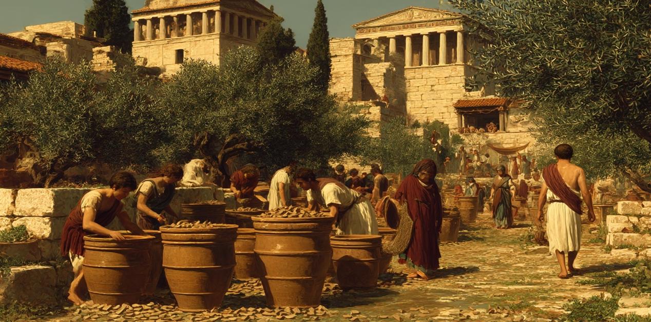 Αρχαίοι Αθηναίοι ψηφίζουν με όστρακα στην αγορά της Αθήνας, με φόντο κλασικούς ναούς και ελαιόδεντρα.