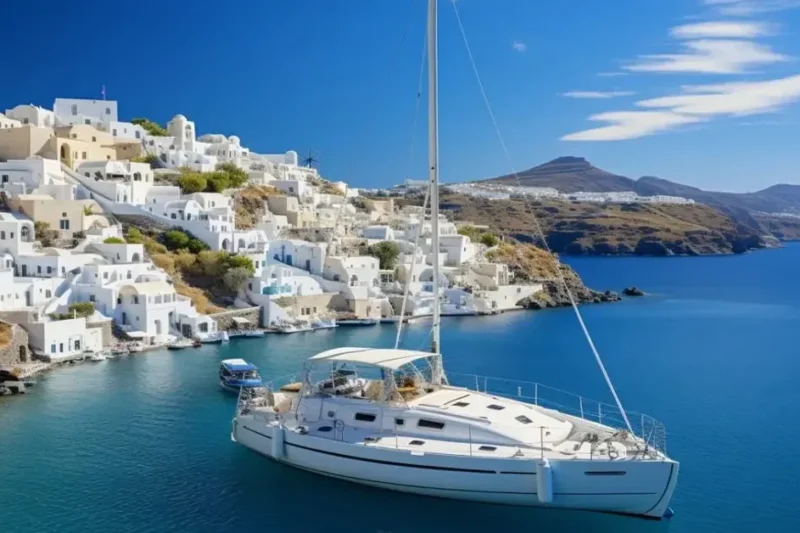 Ιστιοφόρο μπροστά από τα λευκά σπίτια της Σαντορίνης – Η Ελλάδα δεν συγκρίνεται σε ομορφιά και εμπειρίες.