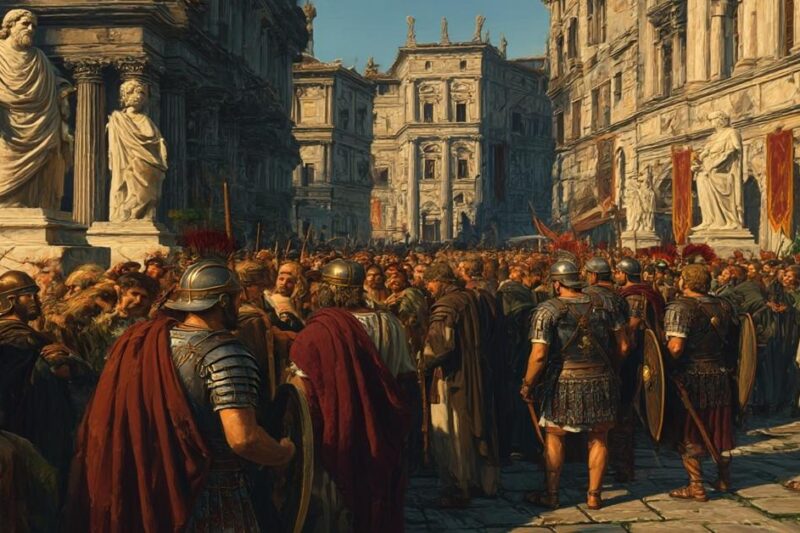 Ρωμαίοι στρατιώτες και πολίτες στους δρόμους της αρχαίας Ρώμης κατά την πανώλη των Αντωνίνων, με αγάλματα και κλασική ρωμαϊκή αρχιτεκτονική στο φόντο.