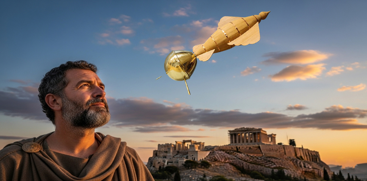 Η Περιστερά του Αρχύτα: Η Πρώτη Αυτόνομη Ιπτάμενη Μηχανή της Ιστορίας - Ένας άνδρας που φέρει αρχαιοελληνική ενδυμασία κοιτάζει προς τον ουρανό μια μηχανική, ιπτάμενη περιστερά. Στο βάθος, κάτω από τον ουρανό της δύσης, διακρίνεται ο λόφος της Ακρόπολης με τον Παρθενώνα.