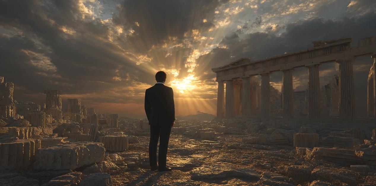Άνδρας με κοστούμι στέκεται μπροστά στα ερείπια της Ακρόπολης, κοιτώντας το ηλιοβασίλεμα που διαπερνά τα σύννεφα.