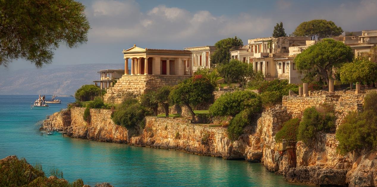 Αρχαίο μινωικό ανάκτορο στην άκρη της Κρήτης, με θέα στο γαλάζιο Αιγαίο, βράχια και μεσογειακή βλάστηση.