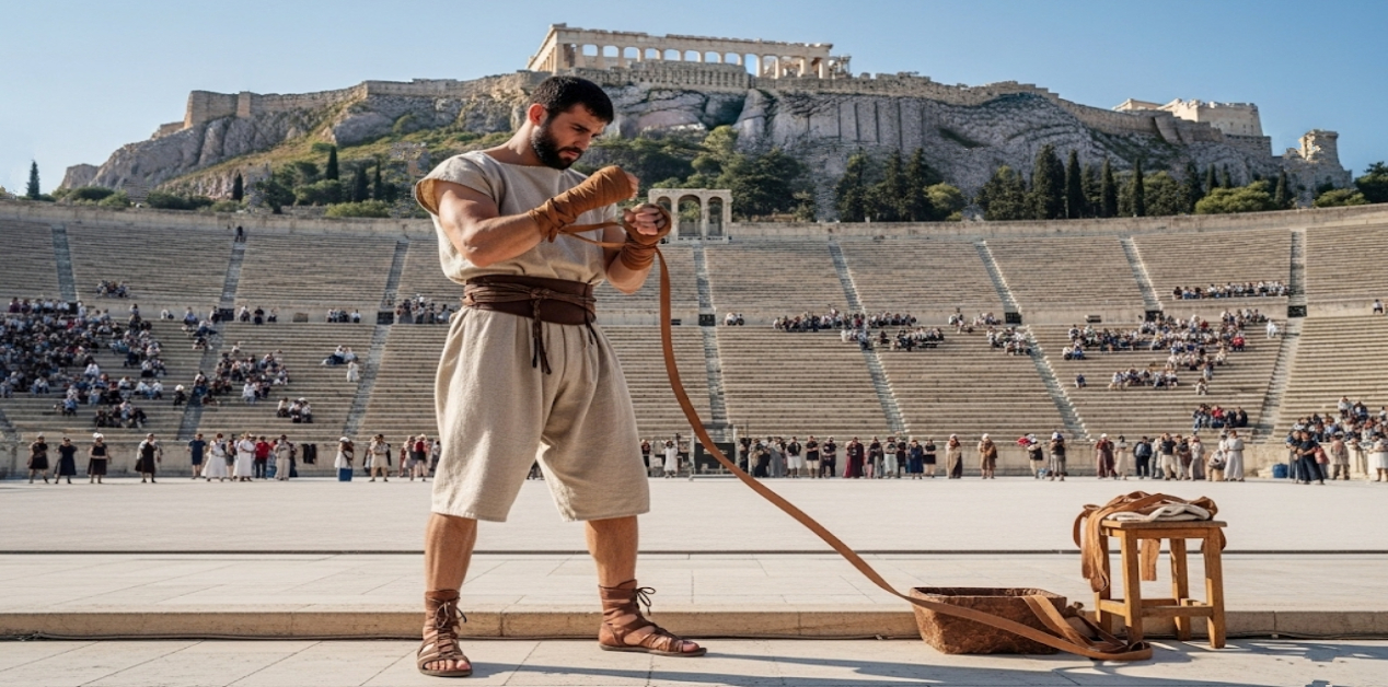 Ο Πρώτος Αρχαίος Έλληνας Πυγμάχος: Ένας άνδρας με σκούρα γενειάδα, ντυμένος με ανοιχτόχρωμο χιτώνα και σανδάλια, τυλίγει τους πυγμαχικούς ιμάντες στα χέρια του σε ένα αρχαίο στάδιο. Στο βάθος φαίνεται η Ακρόπολη.