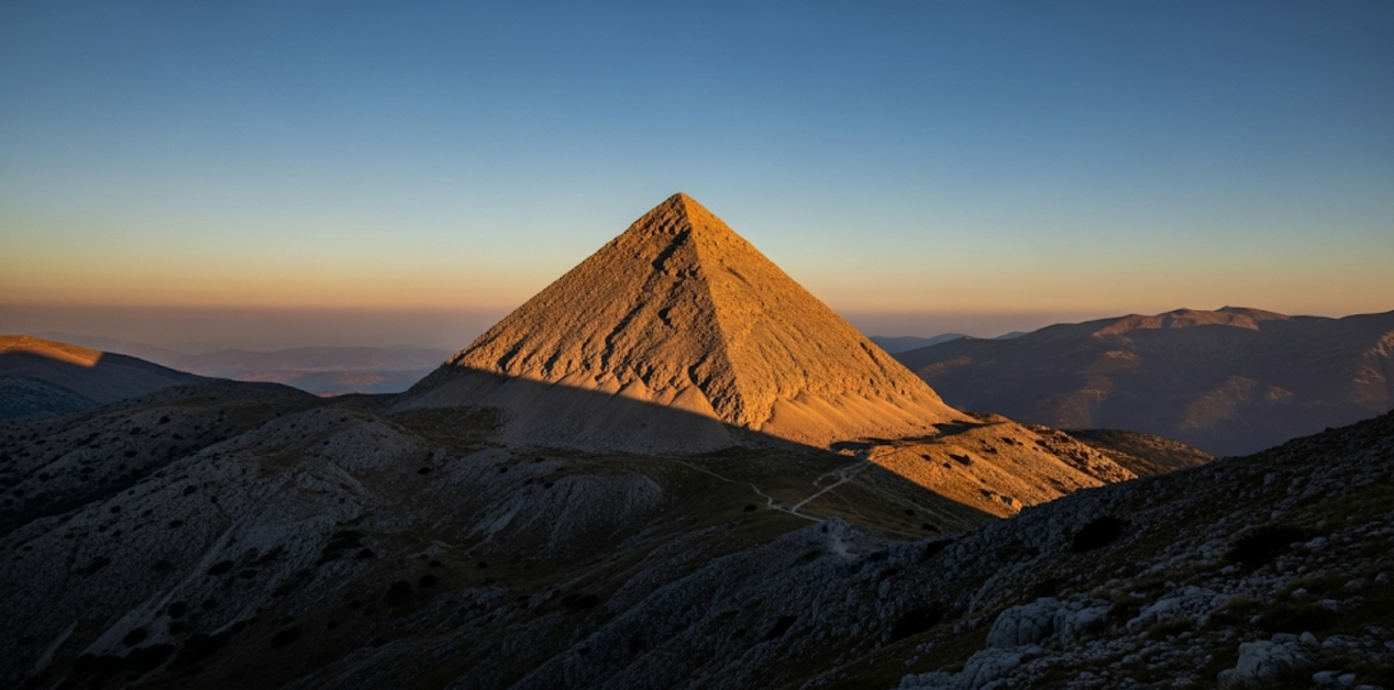 Πυραμίδα Ταΰγετου Το Μεγαλύτερο Άλυτο Μυστήριο της Ελλάδας: Φωτογραφία της φυσικής πυραμιδοειδούς κορυφής του Αγίου Ηλία στον Ταΰγετο, με βουνά γύρω και καθαρό ουρανό.