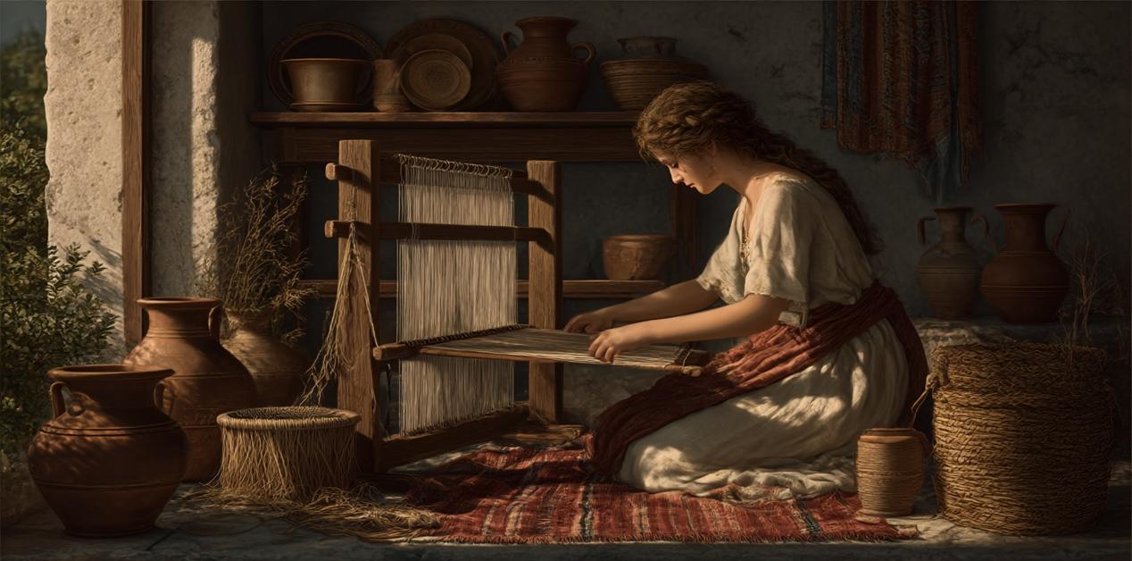 Αρχαία Ελληνίδα γυναίκα υφαίνει σε παραδοσιακό αργαλειό, καθισμένη σε εσωτερικό χώρο με αγγεία και φυσικό φως