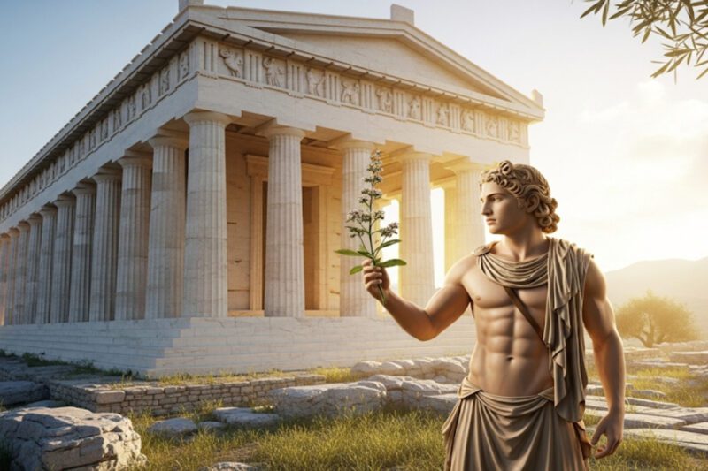 Σίλφιον: Το Αρχαίο Θαύμα που Εξαφανίστηκε - Μια ψηφιακή εικόνα που αναπαριστά έναν νεαρό άνδρα με τη μορφή αρχαίου Έλληνα αγάλματος, ο οποίος στέκεται μπροστά από έναν αρχαίο ελληνικό ναό. Κρατάει στο χέρι του ένα κλωνάρι από το εξαφανισμένο φυτό Σίλφιον, με το φως του ήλιου να φωτίζει τη σκηνή.