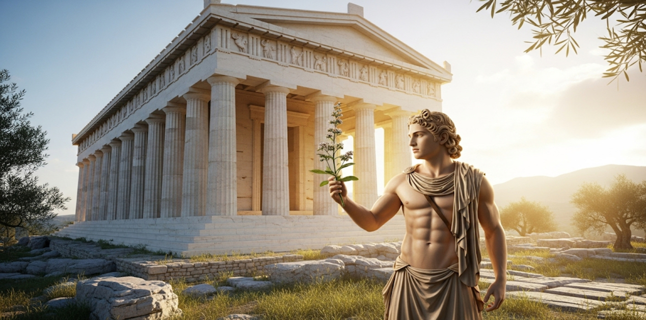 Σίλφιον: Το Αρχαίο Θαύμα που Εξαφανίστηκε - Μια ψηφιακή εικόνα που αναπαριστά έναν νεαρό άνδρα με τη μορφή αρχαίου Έλληνα αγάλματος, ο οποίος στέκεται μπροστά από έναν αρχαίο ελληνικό ναό. Κρατάει στο χέρι του ένα κλωνάρι από το εξαφανισμένο φυτό Σίλφιον, με το φως του ήλιου να φωτίζει τη σκηνή.