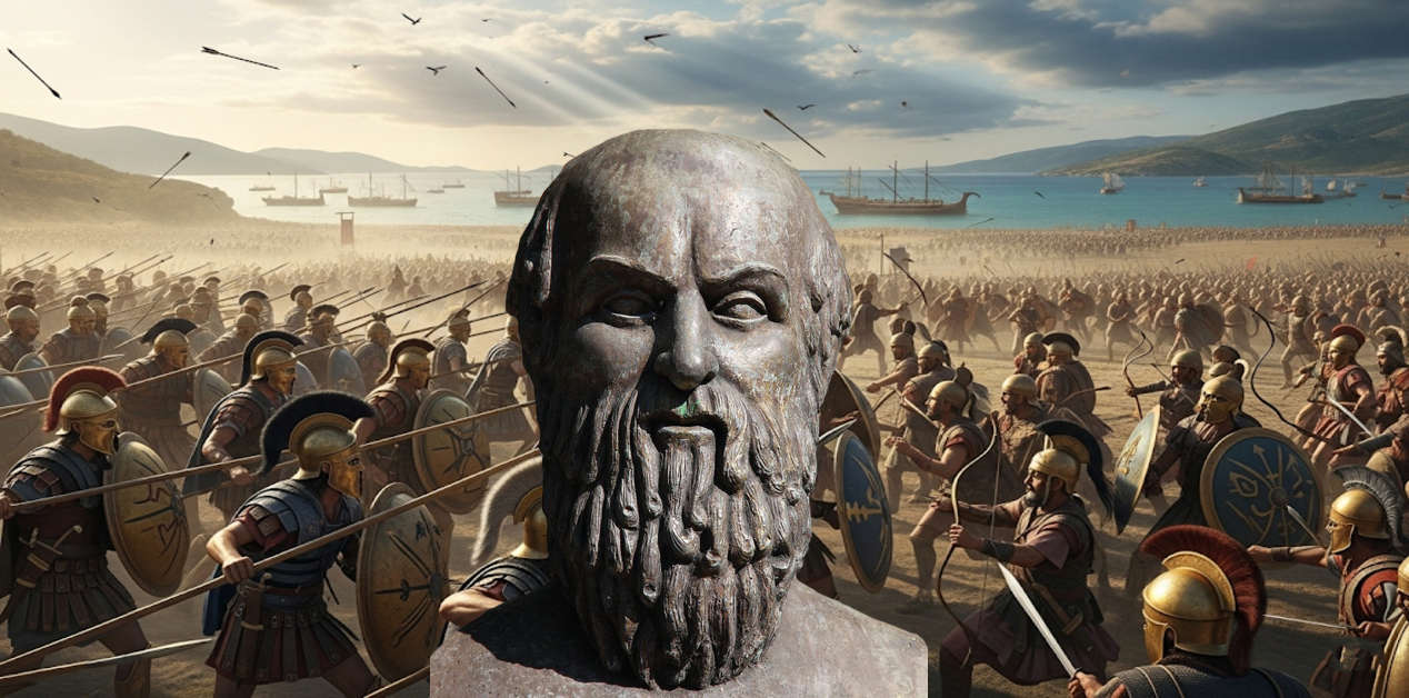 Η Παράδοξη Σιωπή του Αισχύλου: Η Μάχη του Μαραθώνα και το Μυστικό των "Περσών" - Μια σύνθετη ψηφιακή εικόνα που δείχνει μια πέτρινη προτομή του αρχαίου Έλληνα τραγωδού Αισχύλου στο προσκήνιο. Στο φόντο εκτυλίσσεται μια επική αναπαράσταση της Μάχης του Μαραθώνα, με εκατοντάδες Έλληνες οπλίτες με δόρατα και ασπίδες να μάχονται σε μια παραλία, βέλη να διασχίζουν τον ουρανό και αρχαία πλοία να φαίνονται στη θάλασσα κάτω από έναν δραματικό ουρανό.
