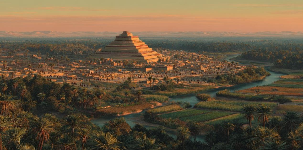 Αναπαράσταση αρχαίας σουμεριακής πόλης με το ζιγκουράτ στο κέντρο και εύφορα ποτάμια της Μεσοποταμίας.
